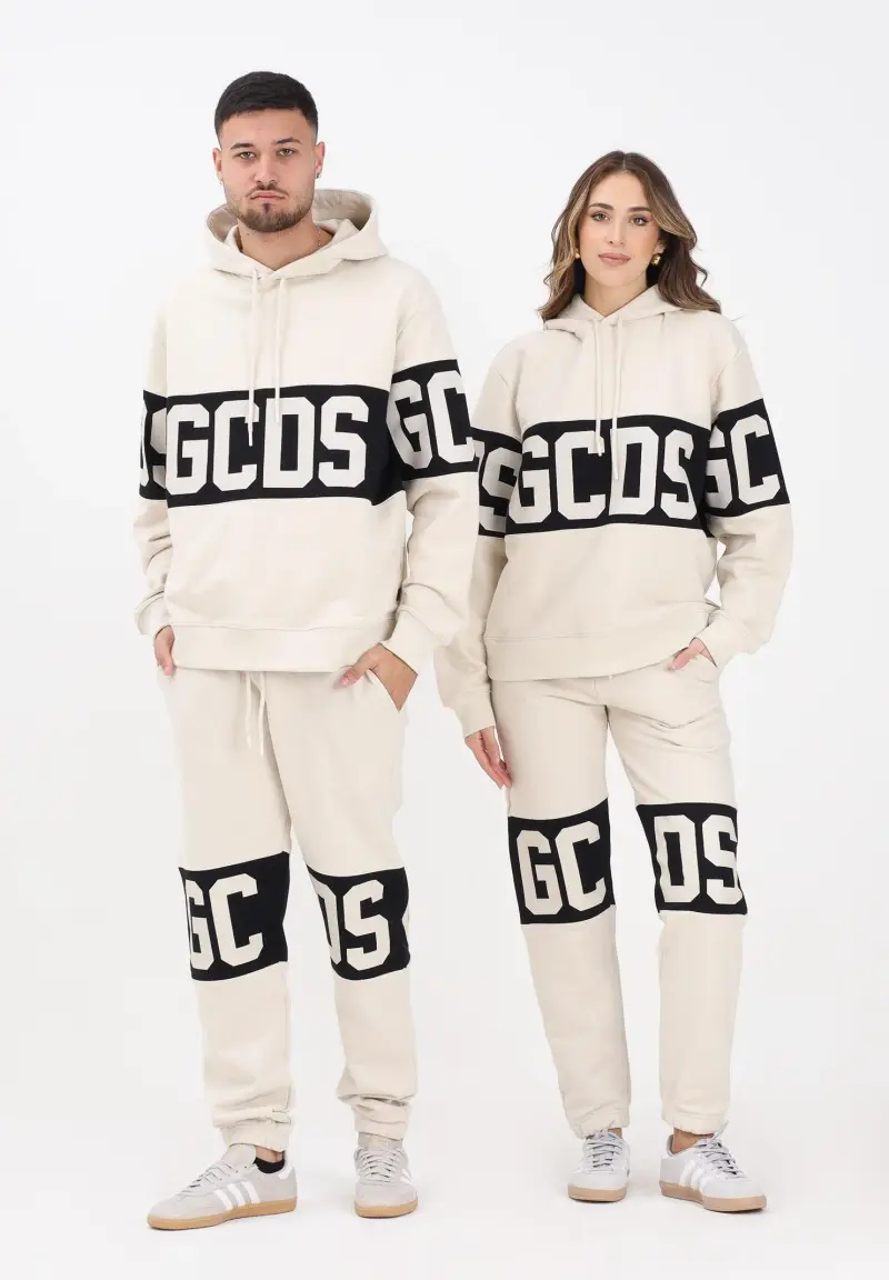 Pantalone sportivo panna per uomo e donna con banda logo a contrasto miniatura 2