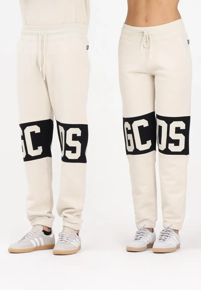 Pantalone sportivo panna per uomo e donna con banda logo a contrasto