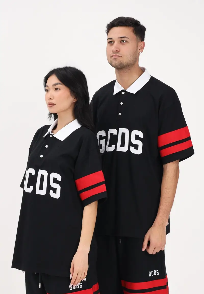 Polo a manica corta nera per uomo e donna con logo