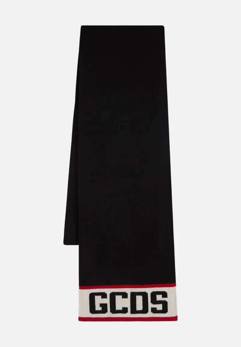 sciarpa nera per uomo o donna con banda centrale e logo a contrasto