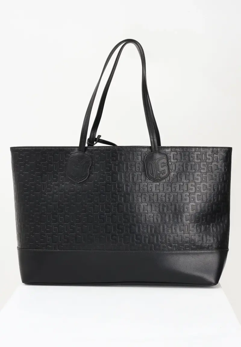 Shopper nera da donna con pattern logo miniatura 3