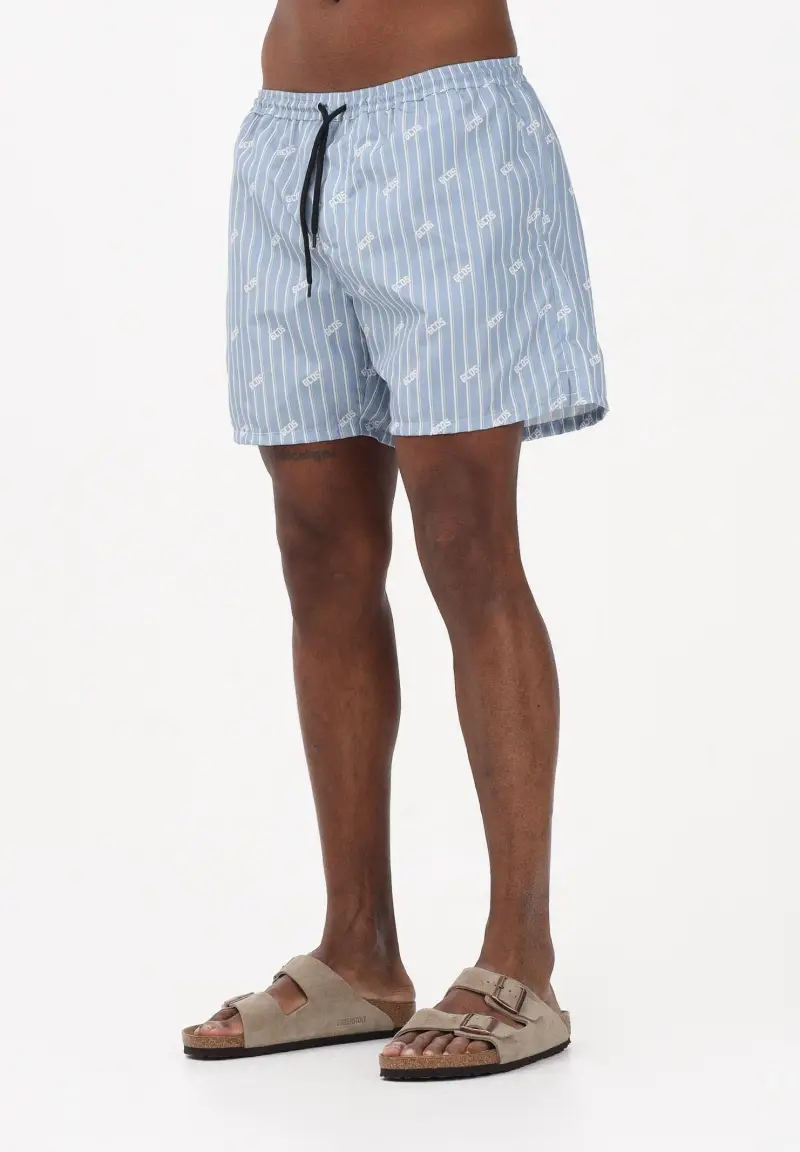 Shorts mare celeste da uomo con stampa rigata e logo all-over