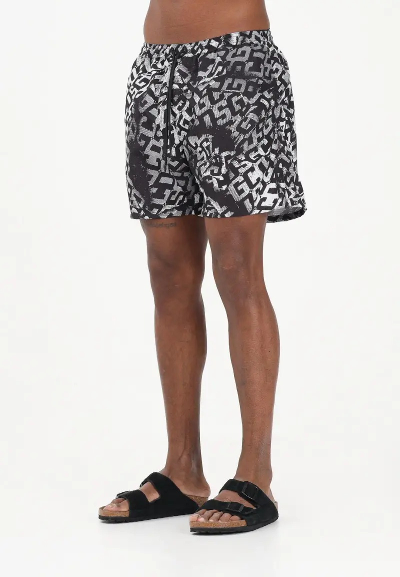 Shorts mare nero da uomo con stampa logo all-over