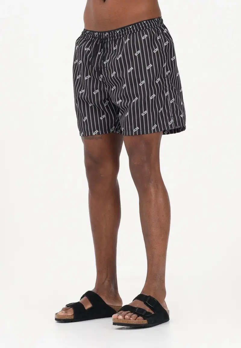 Shorts mare nero da uomo con stampa rigata e logo all-over