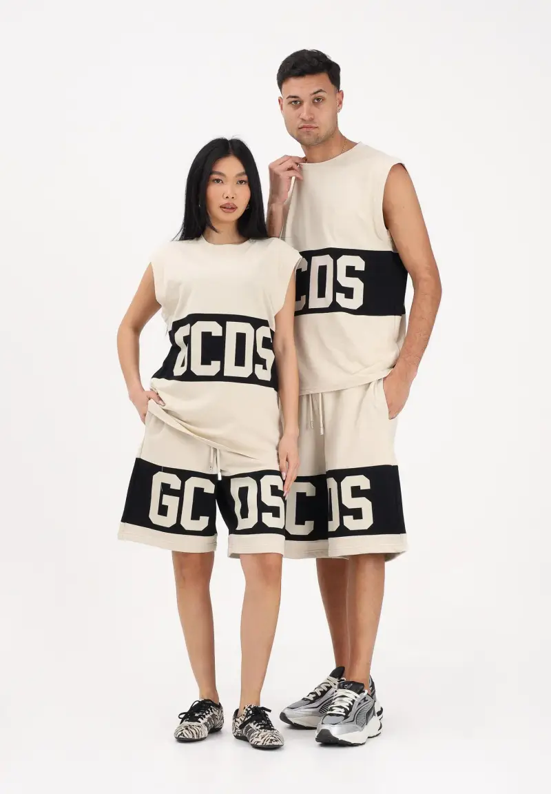 Shorts sportivo beige per uomo e donna con logo miniatura 2