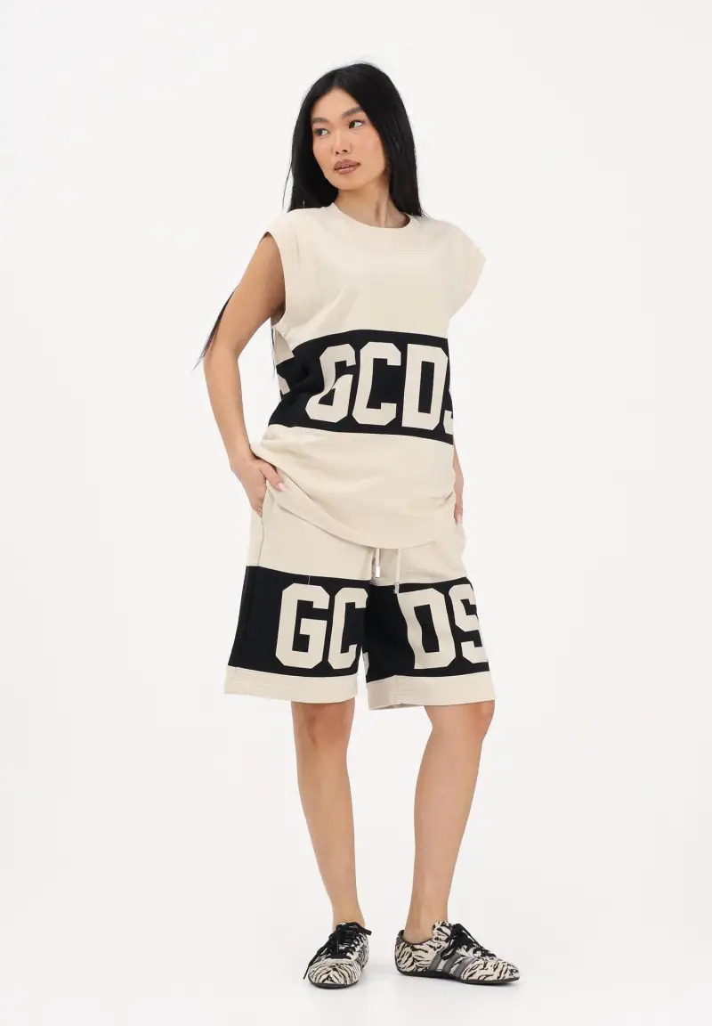 Shorts sportivo beige per uomo e donna con logo miniatura 3