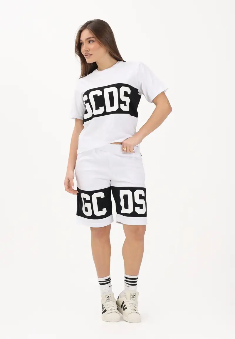 Shorts sportivo bianco per donna, ragazzi e bambini con stampa logo miniatura 2