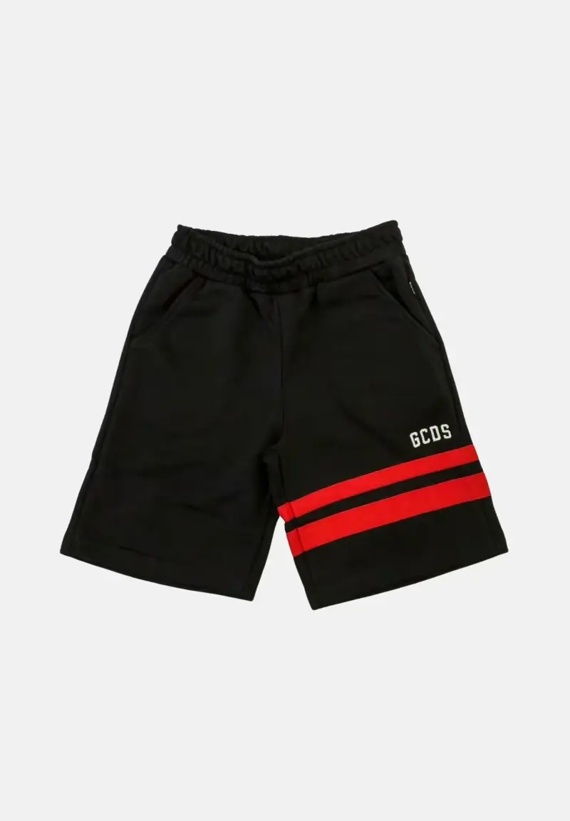Shorts sportivo nero per bambino e bambina con logo e bande rosse
