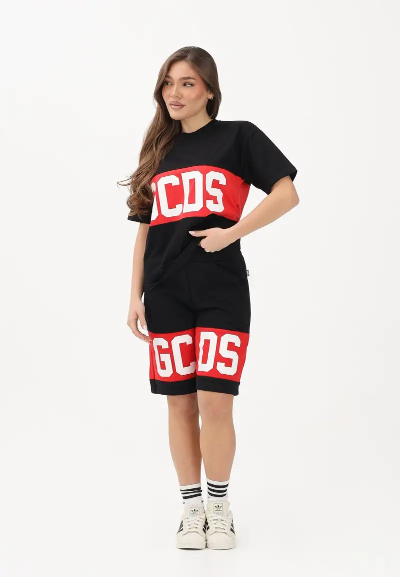 Shorts sportivo nero per donna, ragazzi e bambini con stampa logo miniatura 2