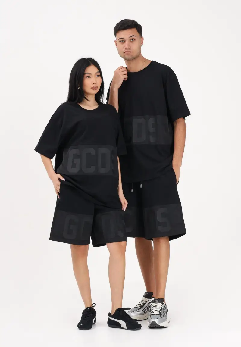 Shorts sportivo nero per uomo e donna con logo miniatura 2