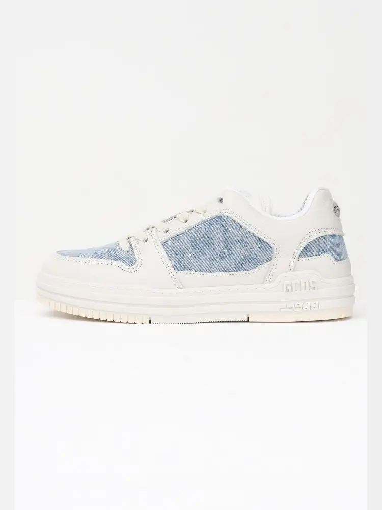 sneakers panna con inserti in denim chiaro
