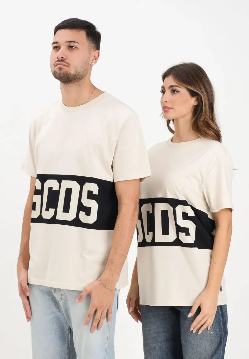 T-shirt a manica corta beige per uomo e donna con logo