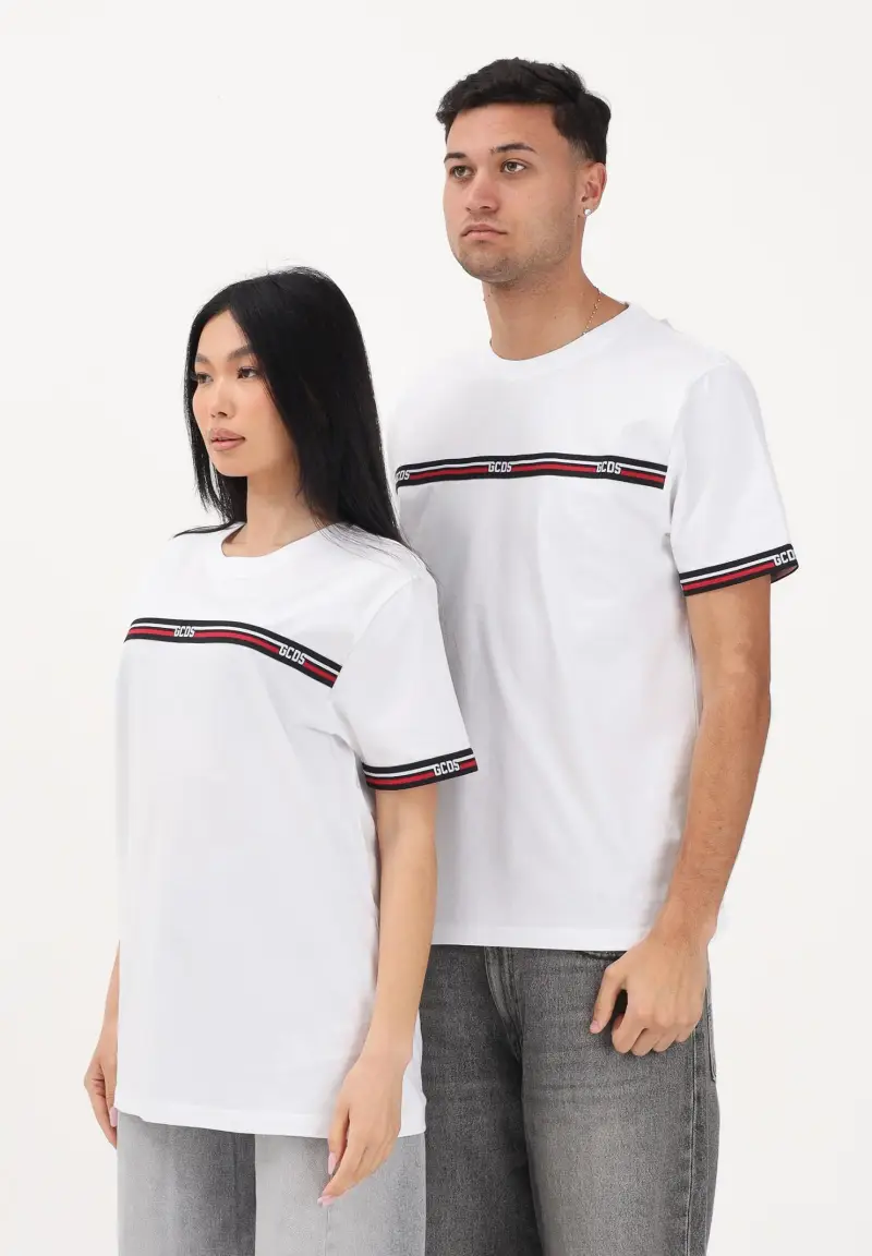 T-shirt a manica corta bianca per uomo e donna con bande logate