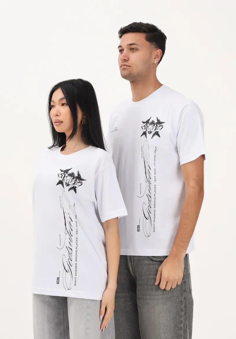 T-shirt a manica corta bianca per uomo e donna con stampa