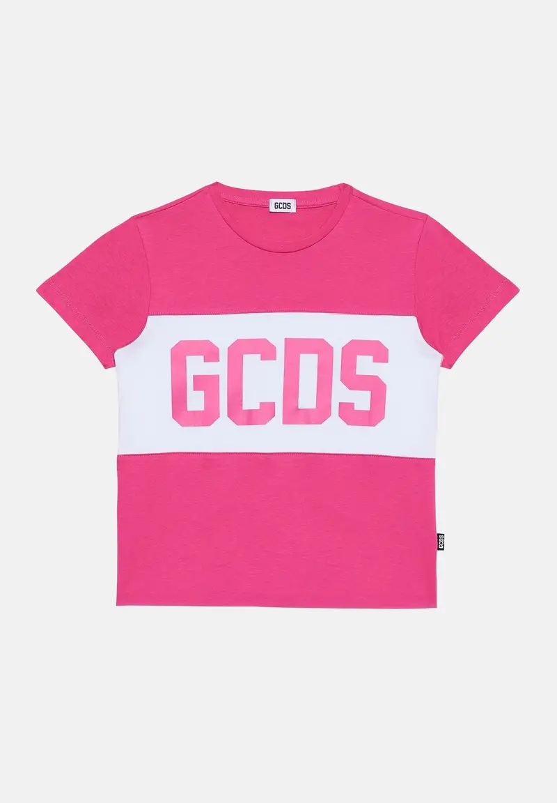 GCDS T-shirt a manica corta fucsia per bambino e bambina con stampa logo GCDS
