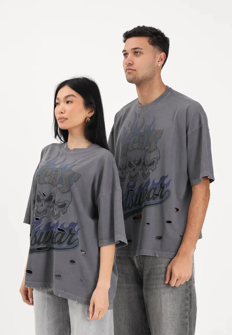 T-shirt a manica corta grigia per uomo e donna con stampa