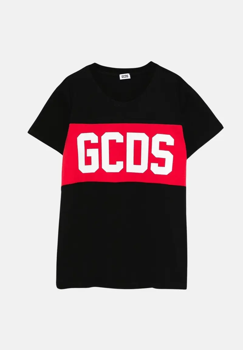 T-shirt a manica corta nera per bambino e bambina con stampa logo GCDS