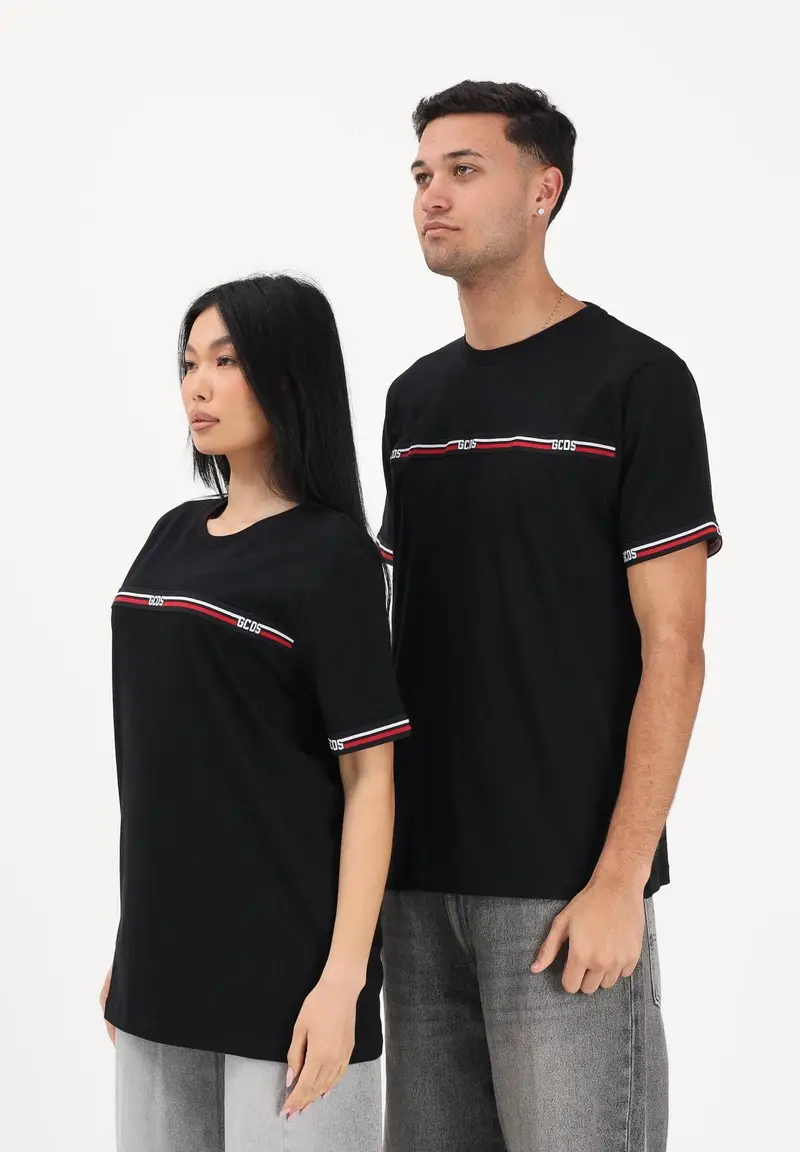 T-shirt a manica corta nera per uomo e donna con bande logate