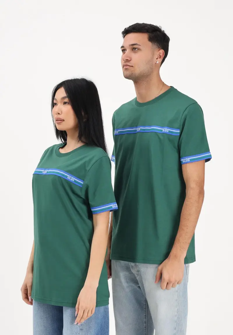 T-shirt a manica corta verde per uomo e donna con bande logate