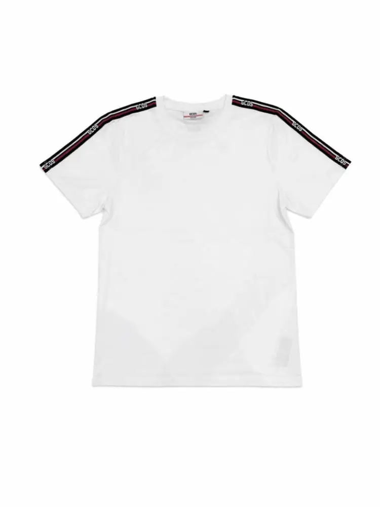 t-shirt uomo in cotone bianco con logo tape laterale