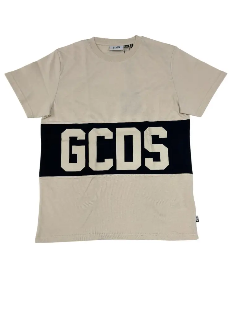 tshirt beige uomo in cotone logo a contrasto