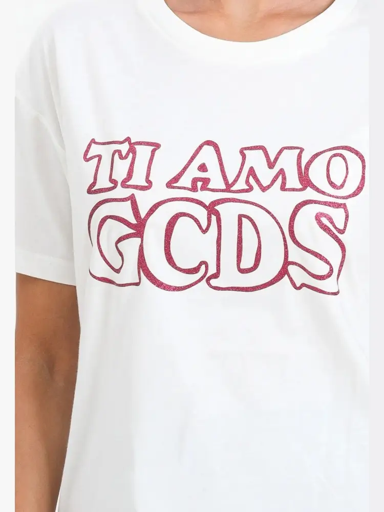 tshirt bianca bambina in cotone logo a contrasto con glitter miniatura 2