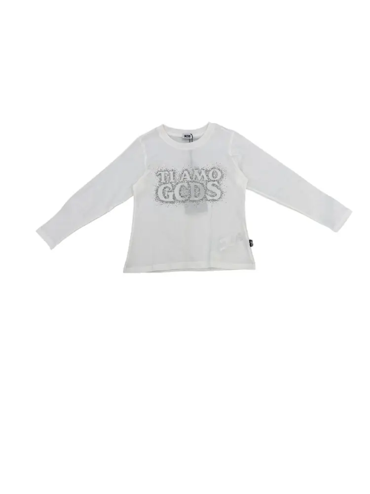 tshirt bianca bambina in cotone manica lunga logo con strass