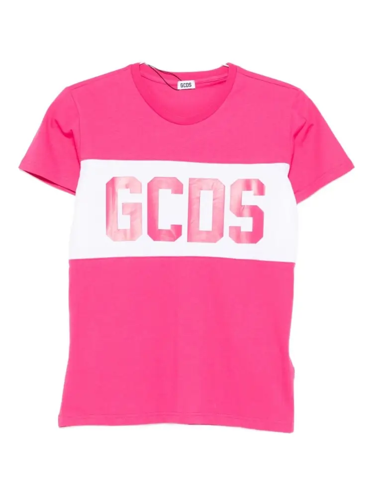 tshirt fucsia bambina in cotone maxi logo a contrasto