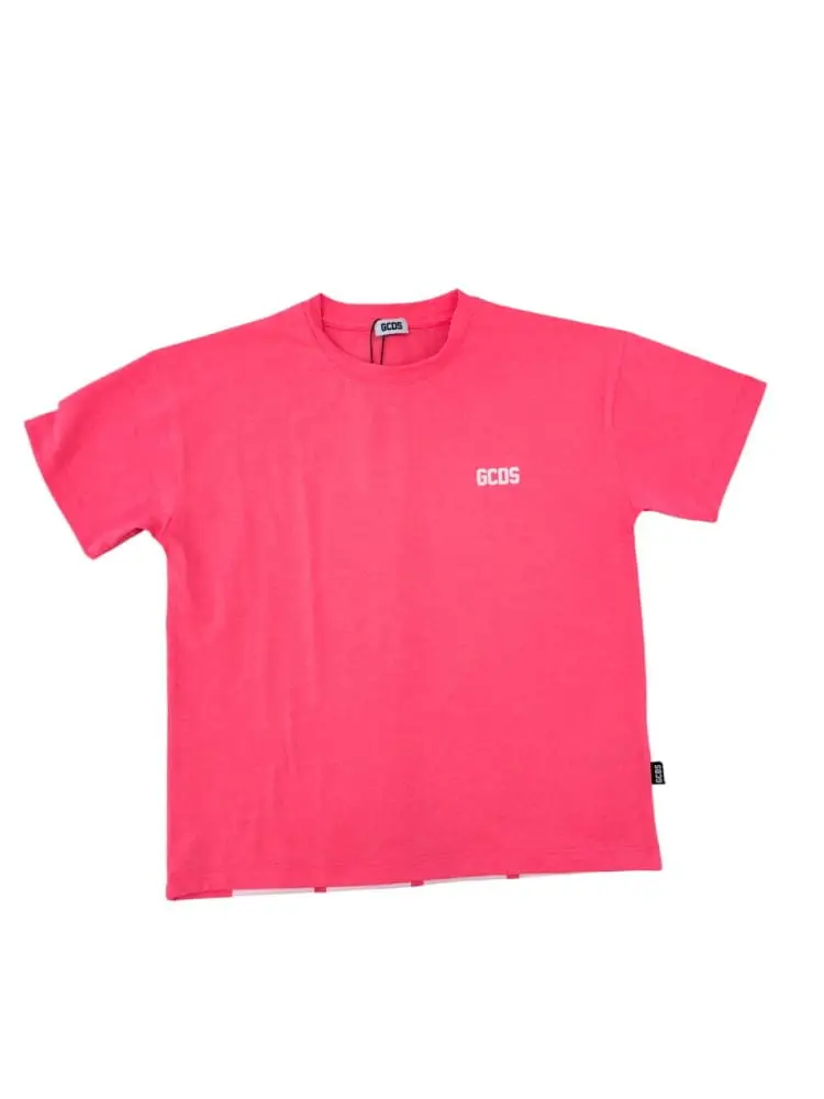 tshirt fucsia fluo bambina maxi logo sul retro