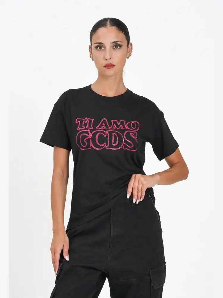 tshirt nera bambina in cotone logo a contrasto con glitter