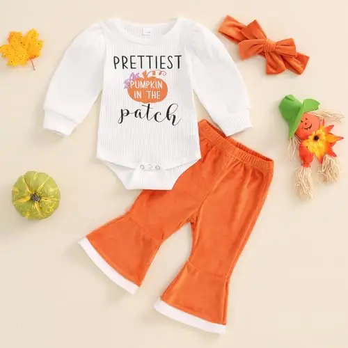 Geagodelia Completo Neonata Halloween 3 Pezzi Tutina a Maniche Lunghe Stampa Lettera Zucca+Pantaloni Svasati+Fascia miniatura 2