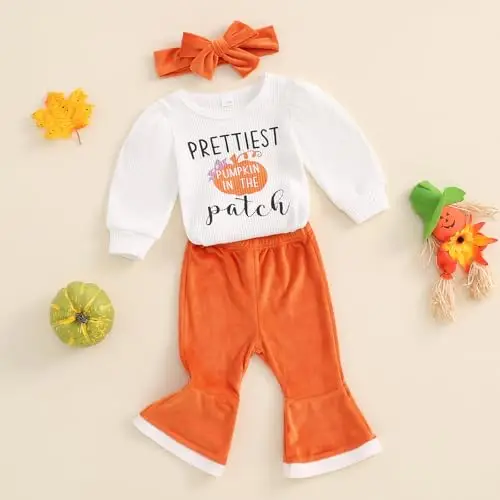 Geagodelia Completo Neonata Halloween 3 Pezzi Tutina a Maniche Lunghe Stampa Lettera Zucca+Pantaloni Svasati+Fascia miniatura 3