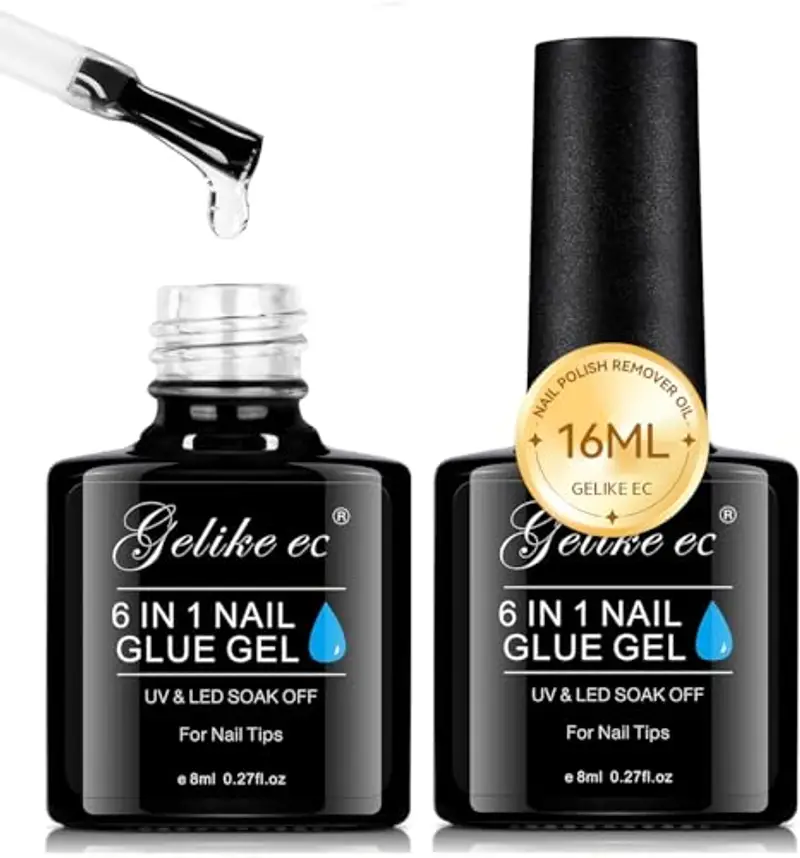 Gelike ec Colla per Unghie Finte 6 in 1, Base Coat Semipermanente Unghie, Nail Glue per Tip UV en Gel Resina Extra Forten 16ml