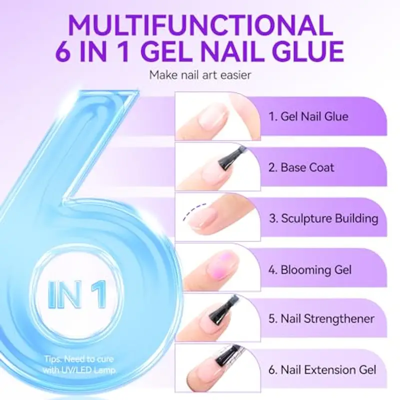 Gelike ec Colla per Unghie Finte 6 in 1, Base Coat Semipermanente Unghie, Nail Glue per Tip UV en Gel Resina Extra Forten 16ml miniatura 2
