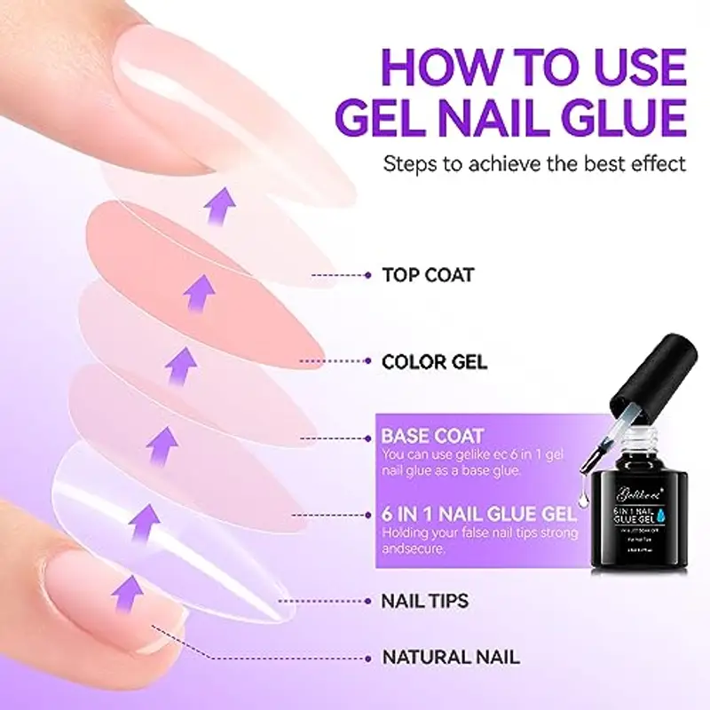 Gelike ec Colla per Unghie Finte 6 in 1, Base Coat Semipermanente Unghie, Nail Glue per Tip UV en Gel Resina Extra Forten 32ml miniatura 3