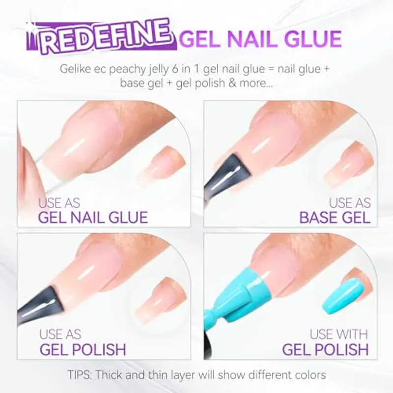 Gelike ec Colla per Unghie Finte 6 in 1, Base Coat Semipermanente Unghie, Nail Glue per Tip UV en Gel Resina Extra Forten 8ml, Albicocca Chiaro miniatura 3