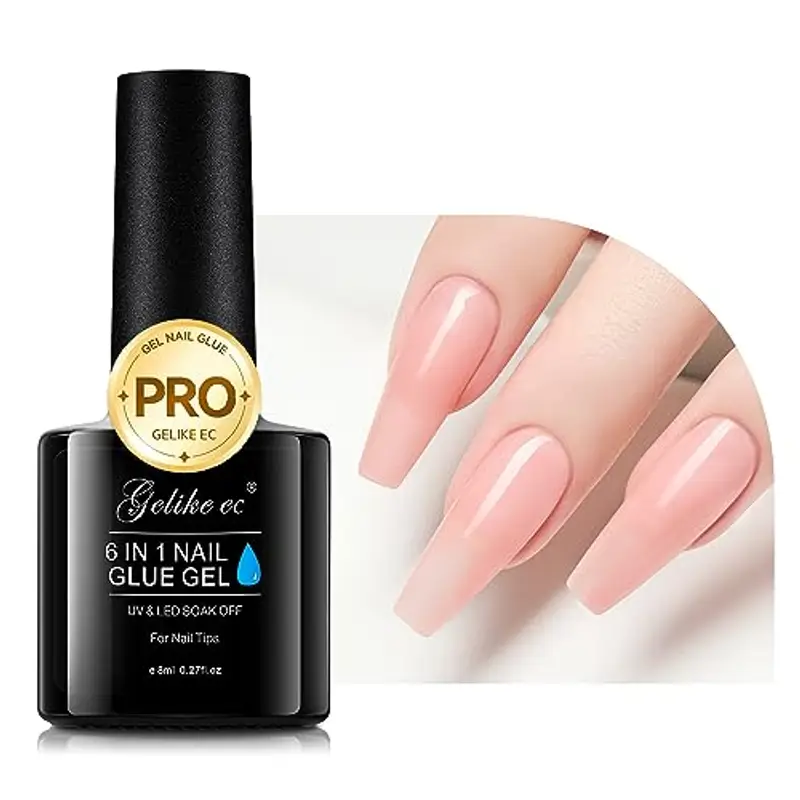Gelike ec Colla per Unghie Finte 6 in 1, Base Coat Semipermanente Unghie, Nail Glue per Tip UV en Gel Resina Extra Forten 8ml, Gelatina Pesca
