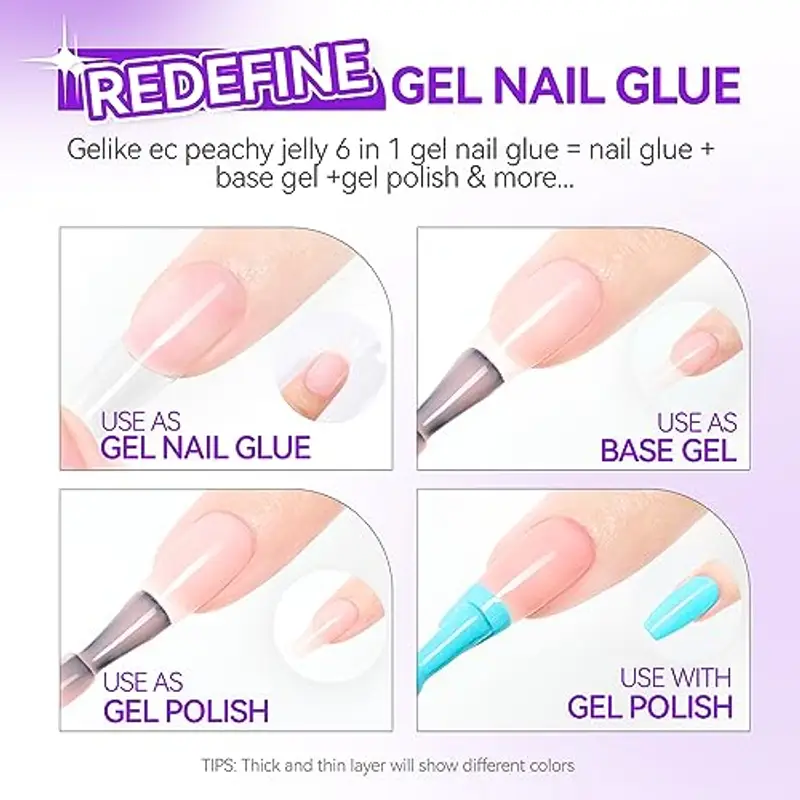 Gelike ec Colla per Unghie Finte 6 in 1, Base Coat Semipermanente Unghie, Nail Glue per Tip UV en Gel Resina Extra Forten 8ml, Gelatina Pesca miniatura 2