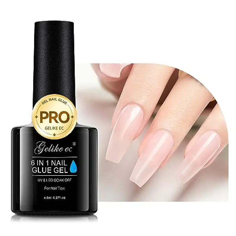 Gelike ec Colla per Unghie Finte 6 in 1, Base Coat Semipermanente Unghie, Nail Glue per Tip UV en Gel Resina Extra Forten 8ml, Rosa Baby Chiaro