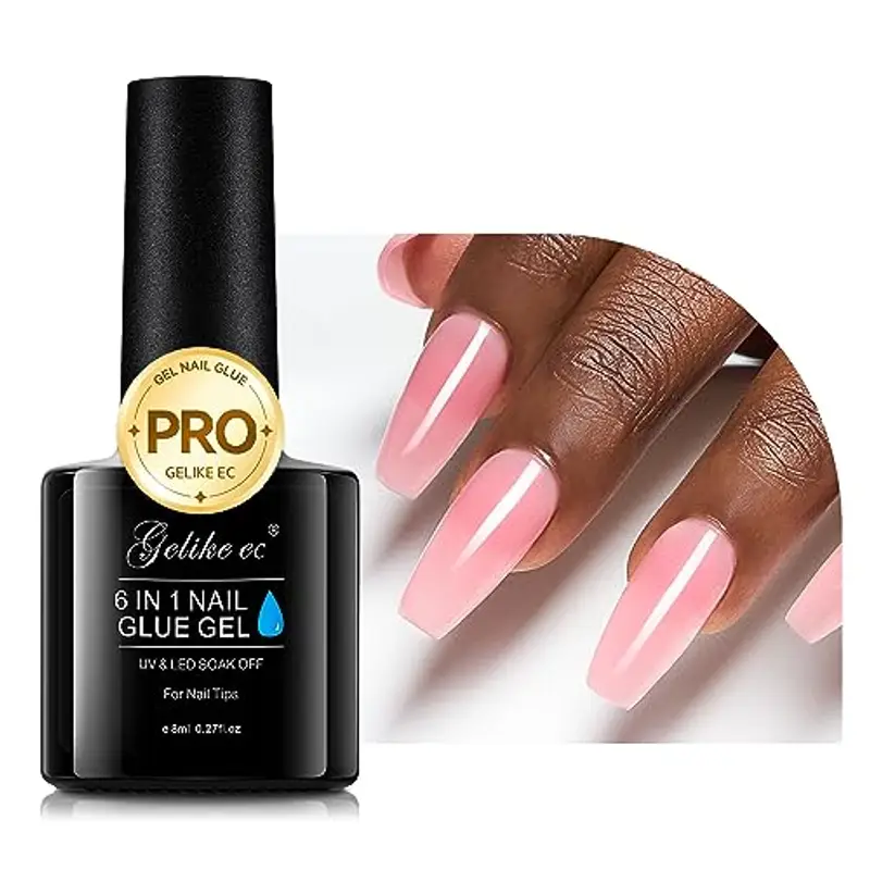 Gelike ec Colla per Unghie Finte 6 in 1, Base Coat Semipermanente Unghie, Nail Glue per Tip UV en Gel Resina Extra Forten 8ml, Rosa Cipria Chiaro