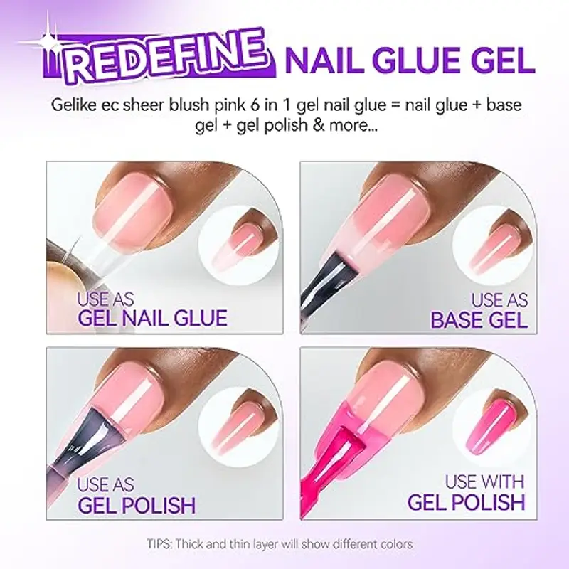 Gelike ec Colla per Unghie Finte 6 in 1, Base Coat Semipermanente Unghie, Nail Glue per Tip UV en Gel Resina Extra Forten 8ml, Rosa Cipria Chiaro miniatura 2