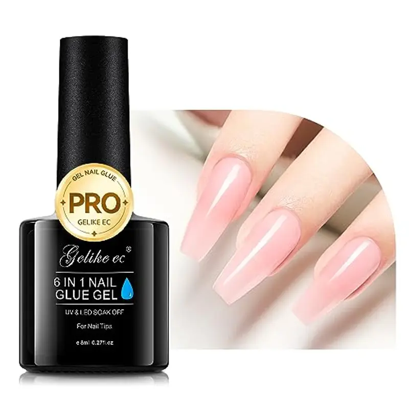 Gelike ec Colla per Unghie Finte 6 in 1, Base Coat Semipermanente Unghie, Nail Glue per Tip UV en Gel Resina Extra Forten 8ml, Rosa Pastello Chiaro