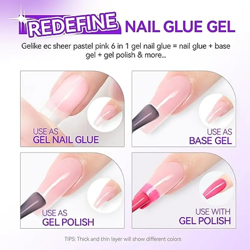 Gelike ec Colla per Unghie Finte 6 in 1, Base Coat Semipermanente Unghie, Nail Glue per Tip UV en Gel Resina Extra Forten 8ml, Rosa Pastello Chiaro miniatura 2