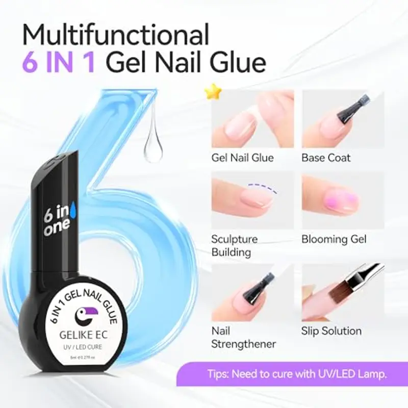 Gelike ec Colla per unghie finte: 6 in 1 colla extra forte per unghie finte, 6 in 1, punta morbida, deve essere indurito sotto una lampada UV per unghie, 16 ml miniatura 2
