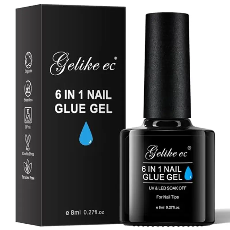 Gelike ec Colla per Unghie Finte 6 in 1 en Gel Resina a lunga durata, Base Coat e Rinforzante, Estensione Unghie, Gel Blossom, Soluzione Slip, Cura Unghie Lampada UV Necessaria, Colla Resina, 8 ml
