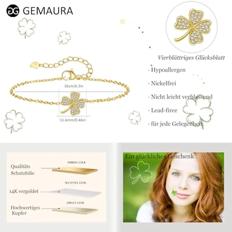 GEMAURA Bracciale da donna in argento con quadrifoglio, bracciale da donna in argento 925, per fidanzata, braccialetti miniatura 3
