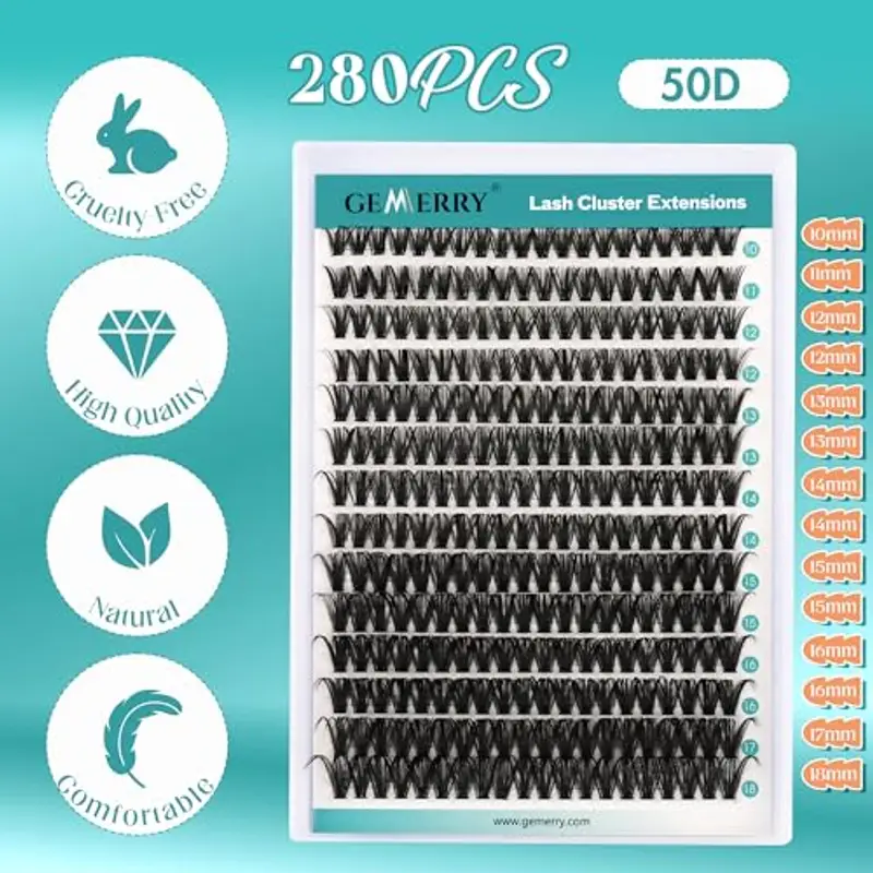 GEMERRY Ciglia Finte Ciuffetti Kit 50D Ciuffi a Ciglia 0.07mm D Curl 10-18mm con Bond and Seal Pinzette er Uso Personale a Casa Ciglia a Grappolo Extension Ciglia Kit(50D-0.07D-10-18mm-Set) miniatura 2