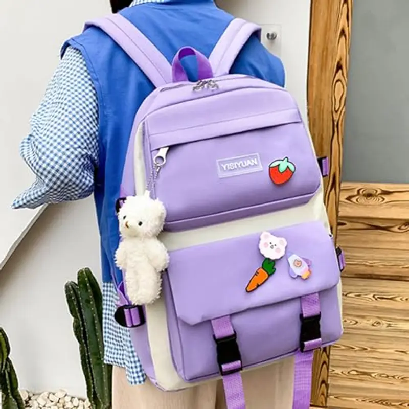 Genérico Zaino Per Bambini Gioco Per La Scuola - Bottiglia D'acqua E Astuccio | Zaino Per Bambini Con Canguro Tasca E Rete | Per Viaggi In Prescolare O Escursione, Viola, Consulte la miniatura 2