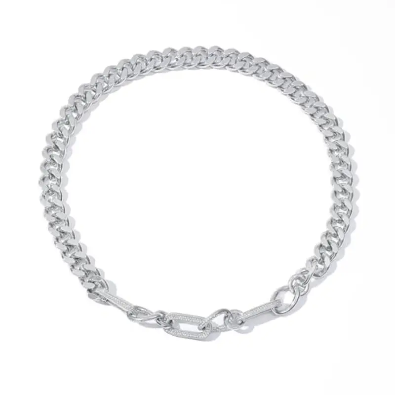 Generico Collana a Catena Curb Placcata Rodio - Colore Bianco con Cristalli, 50cm, Larghezza 1.4cm, Gioiello Moderno