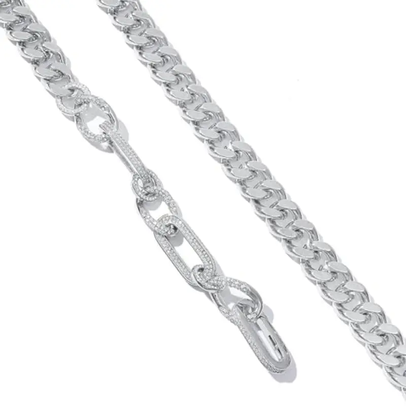 Generico Collana a Catena Curb Placcata Rodio - Colore Bianco con Cristalli, 50cm, Larghezza 1.4cm, Gioiello Moderno miniatura 2